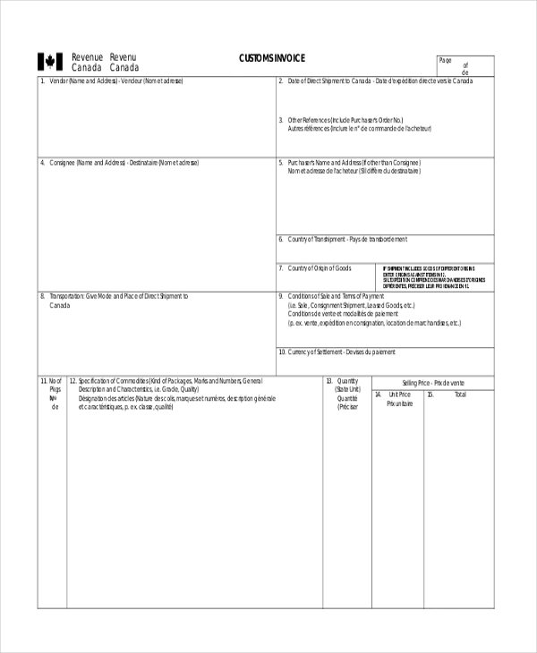 commercial customs invoice form
