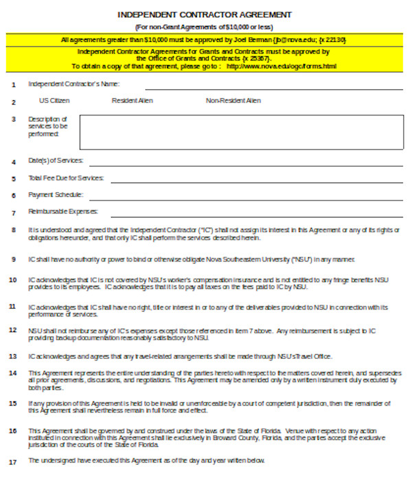 contractor agreement form sample