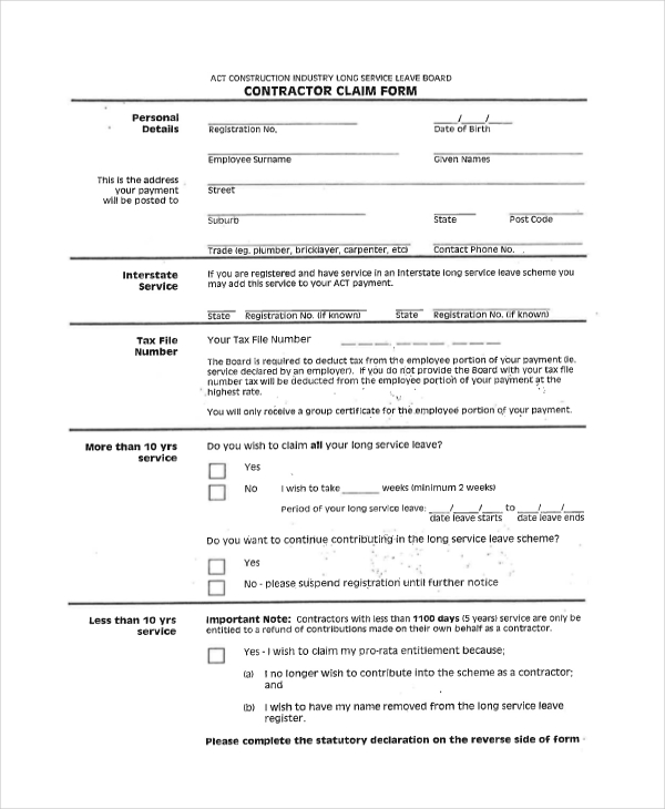 contractor claim form