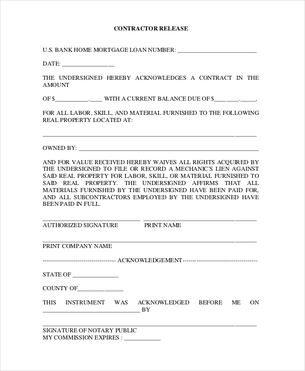 contractor release form