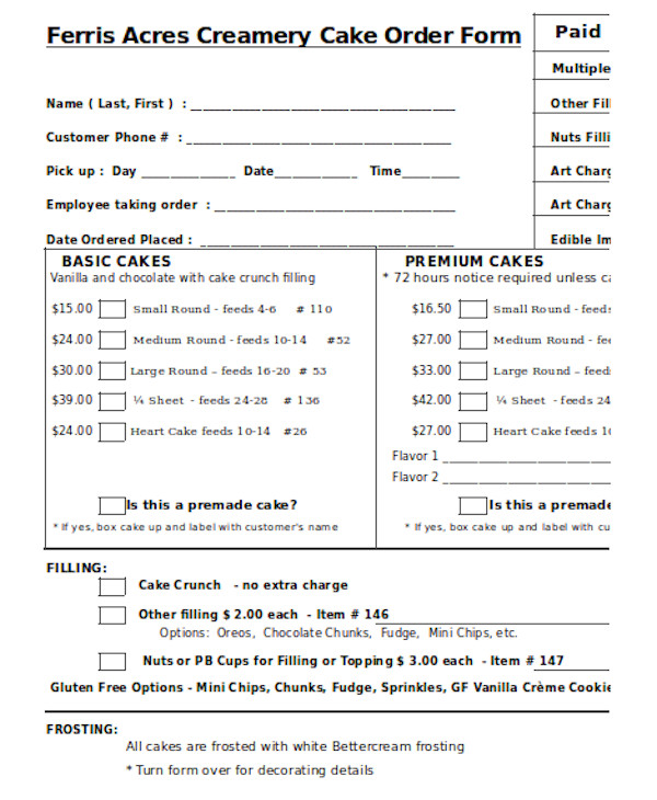 Printable Cake Order Form Template Free Download Printable Blog