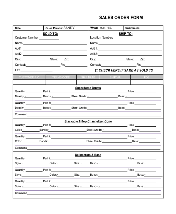 customer sales order form template