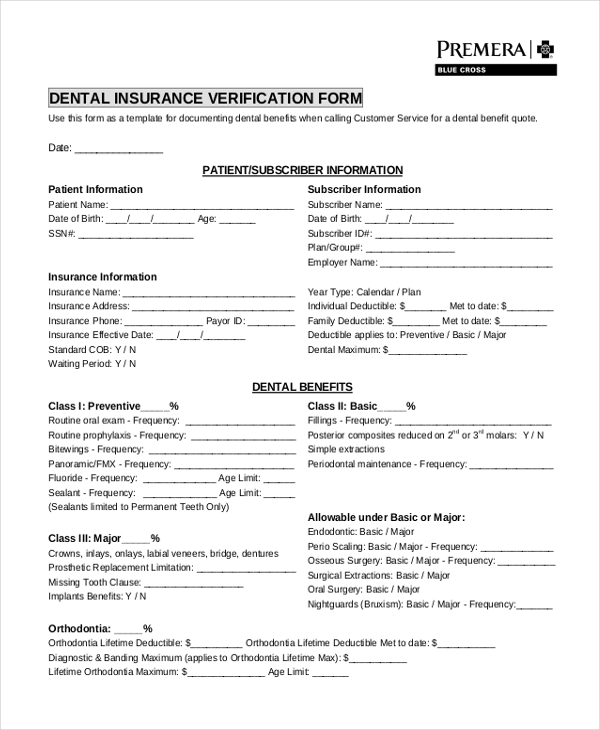 dental insurance verification form