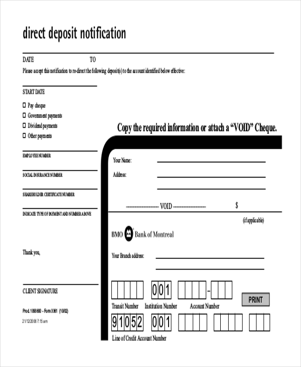 direct deposit notification form bmo