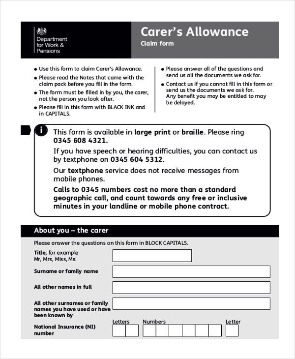 disability carers allowance application form