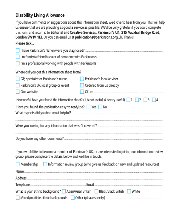 disability living allowance application form