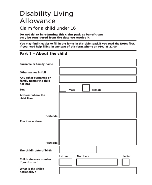 disability living allowance form