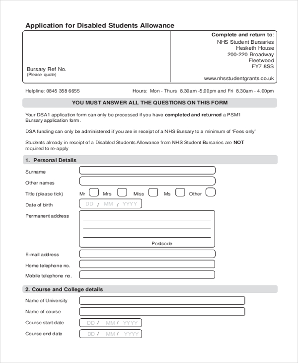 disability student allowance application form