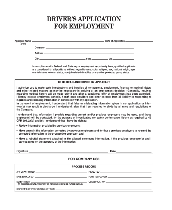 driver appication for employment