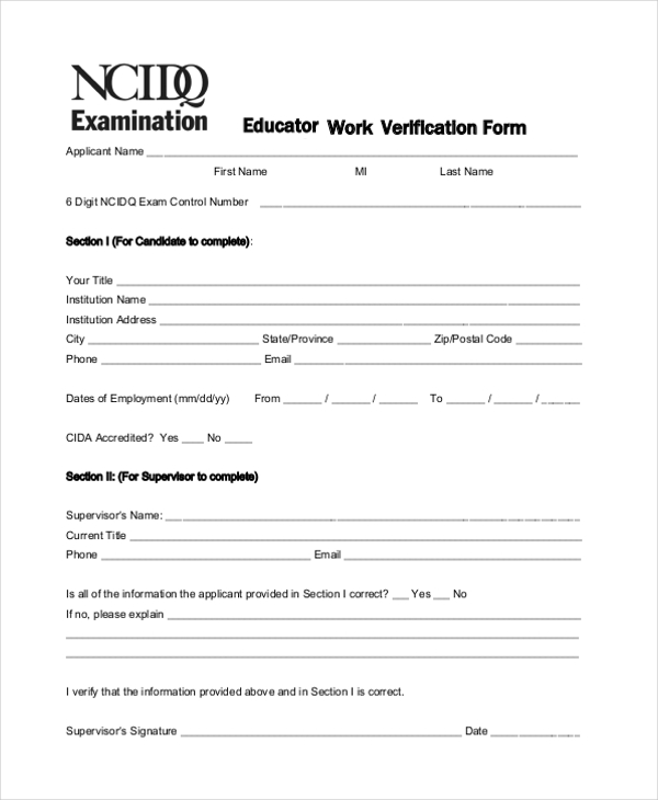 FREE Sample Work Verification Forms In PDF Word Excel