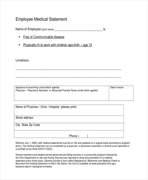 employee medical statement
