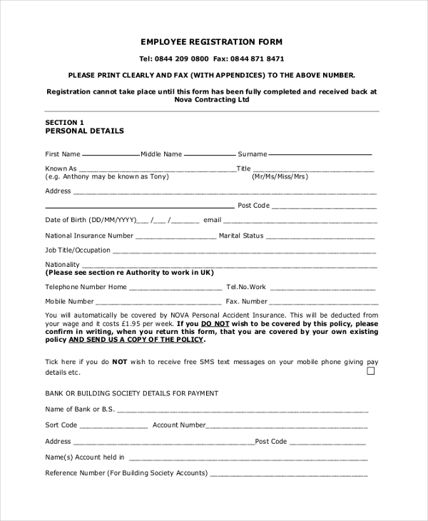 Employee Registration Form Template Free Download