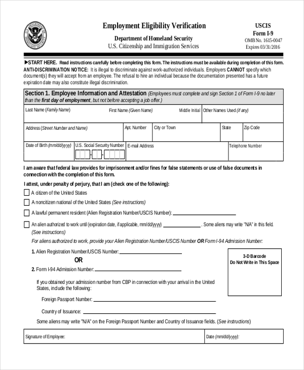 Employment Eligibility Verification Form Printable Printable Forms