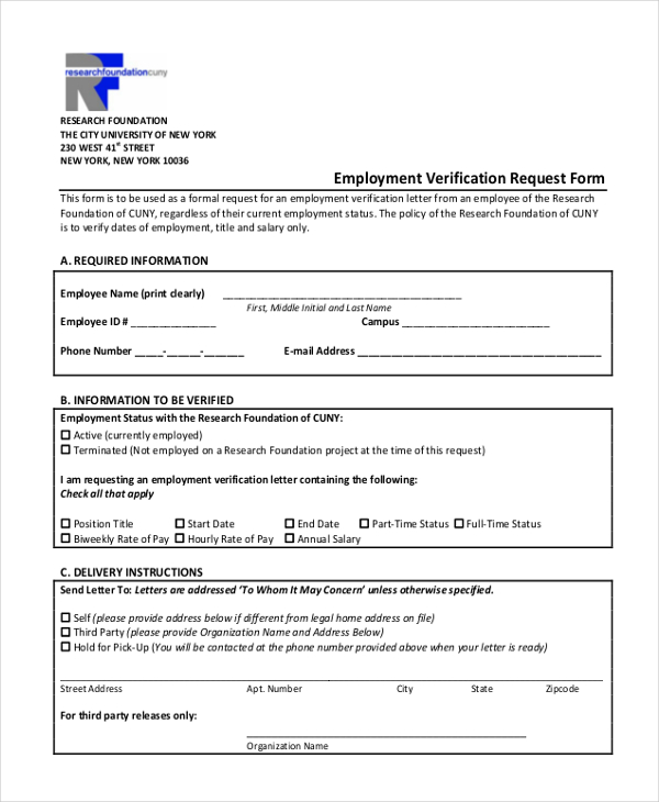 Free 14 Sample Employment Verification Forms In Pdf Ms Word 2984