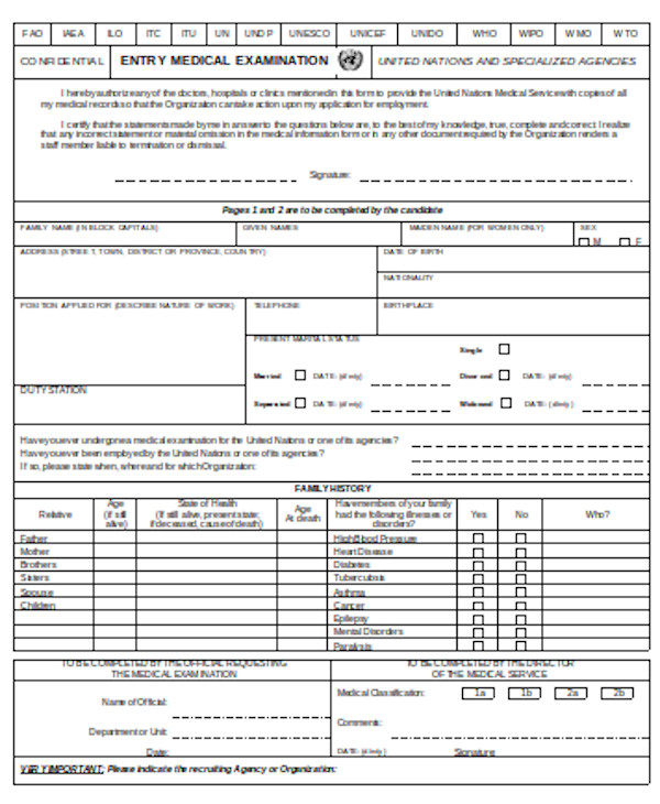 entry medical examination form sample