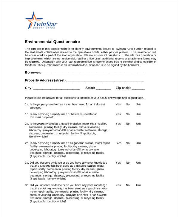 environmental questionnaire form