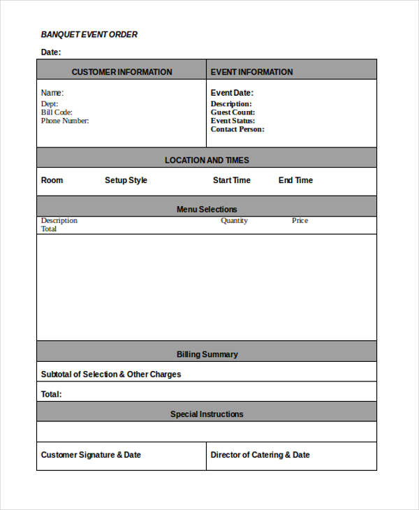 Banquet Event Order Template Free Printable Templates