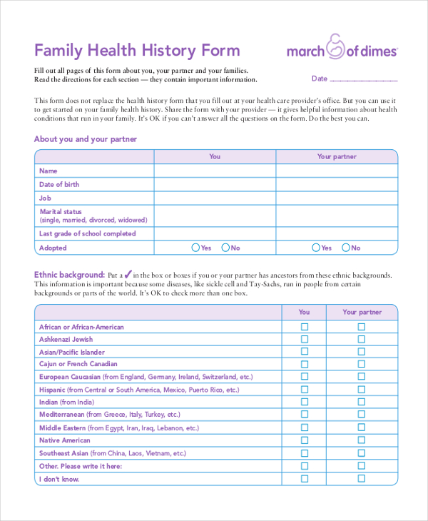 Printable Family Medical History Form Template