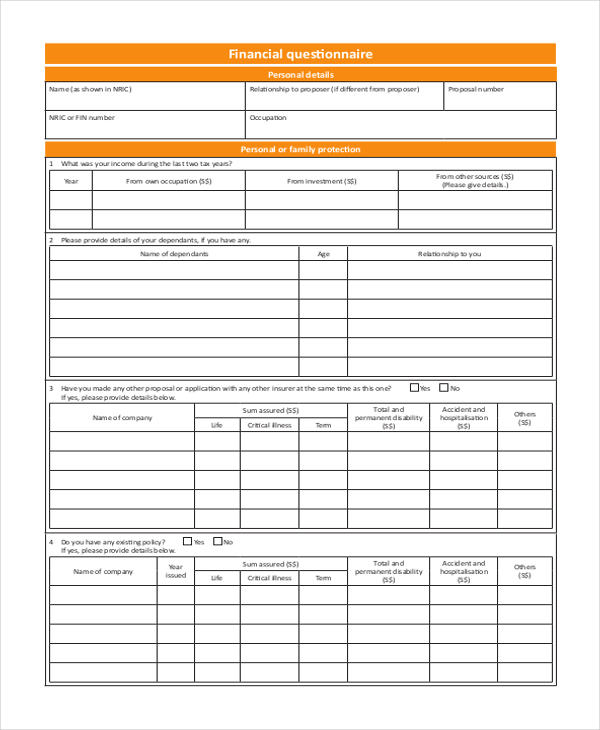 financial questionnaire form