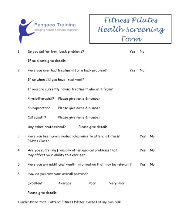 fitness health screening form