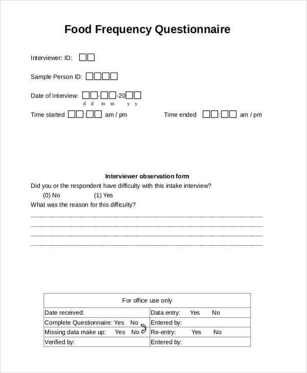food frequency questionnaire form