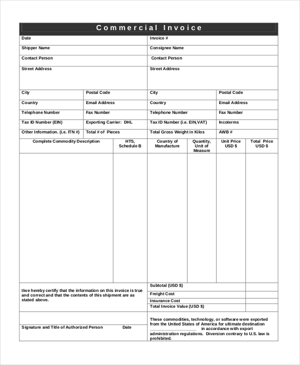 customs commercial invoice template