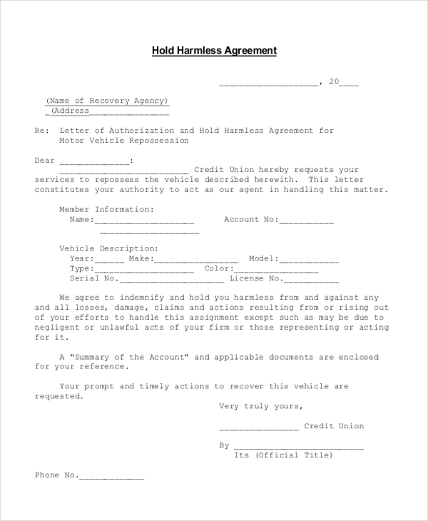 generic hold harmless agreement