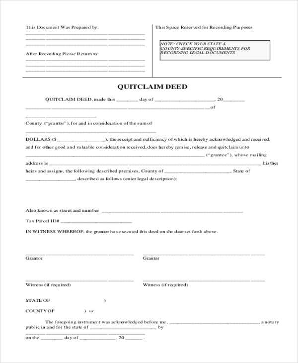 FREE 8+ Sample Quick Claim Deed Forms in PDF | MS Word