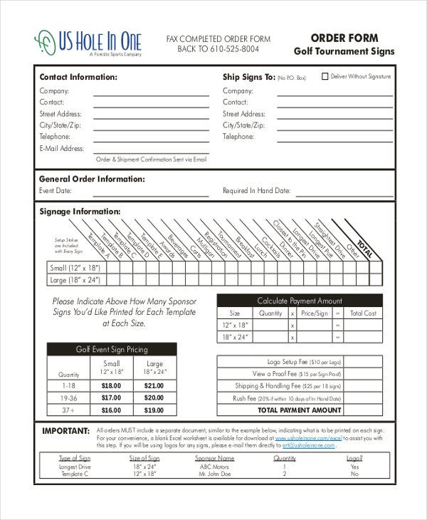 golf event order form