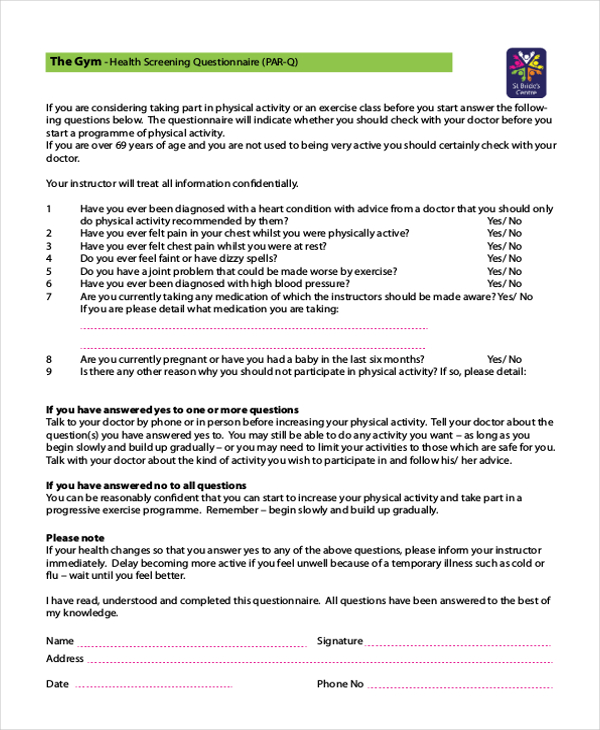 gym health screening form