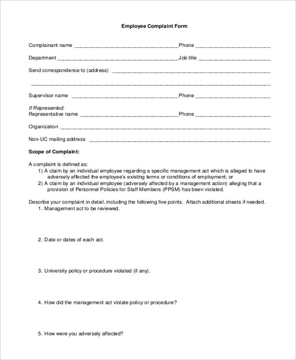 hr management employee complaint form