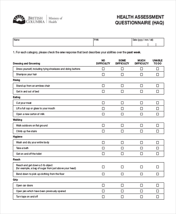 health assessment questionnaire form