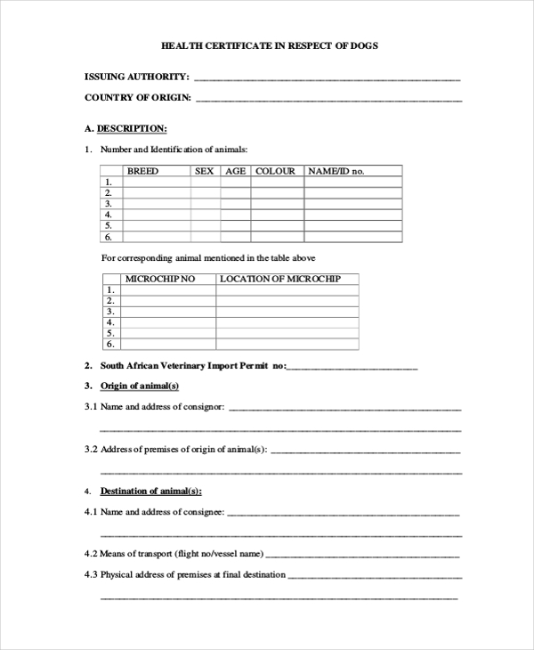 health certificate for dogs form