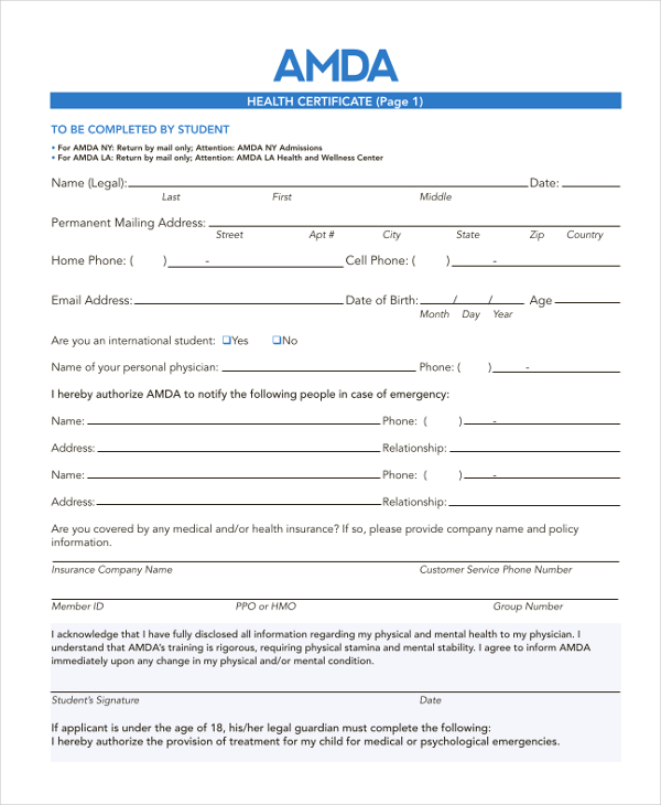 health certificate form
