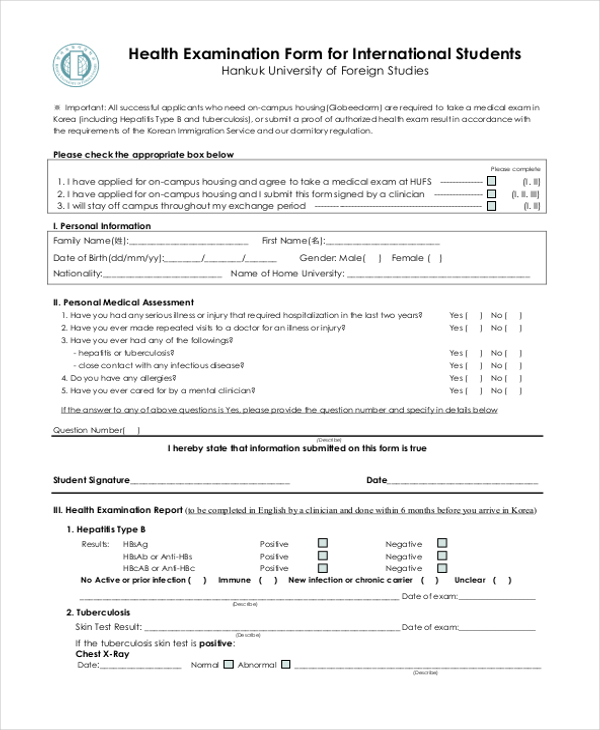 health examination form for international students