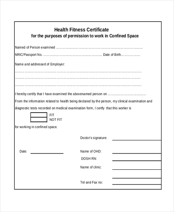 health fitness certificate