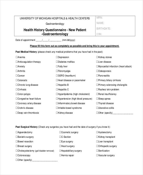 health history questionnaire form