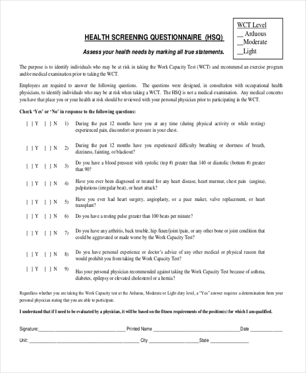 Free 10 Sample Health Questionnaire Forms In Pdf Ms Word 8546