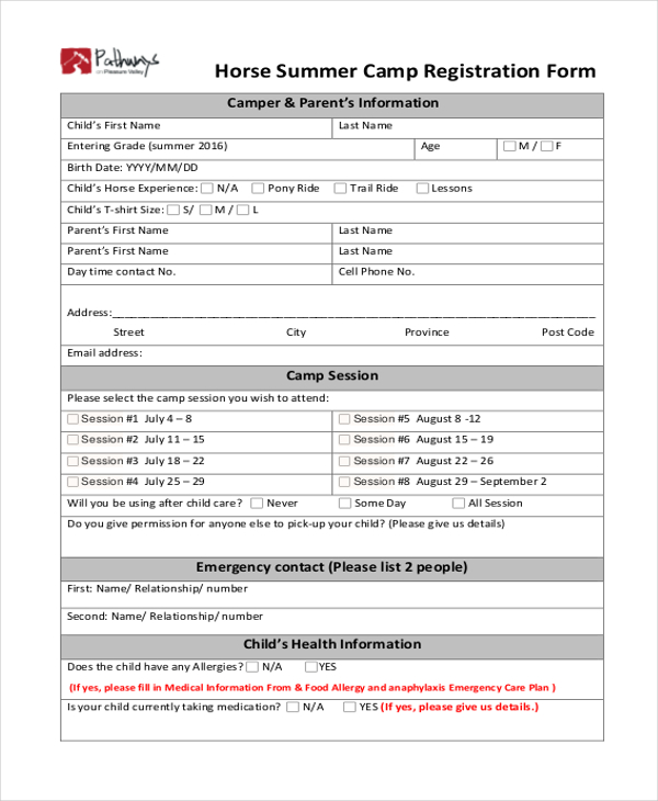 horse summer camp registration form