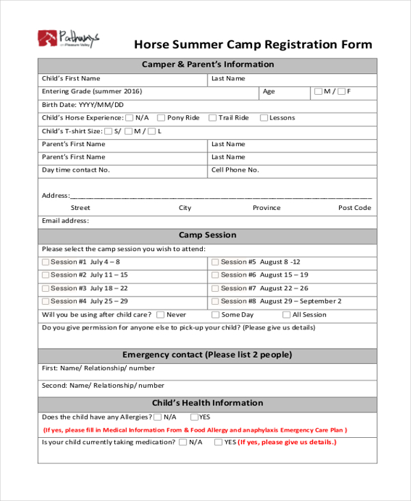 FREE 12+ Sample Summer Camp Registration Forms in PDF Excel Word