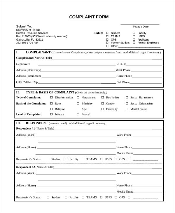 Free 10 Sample Hr Complaint Forms In Ms Word Pdf