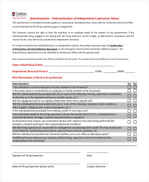 independent contractor quesstionnare form
