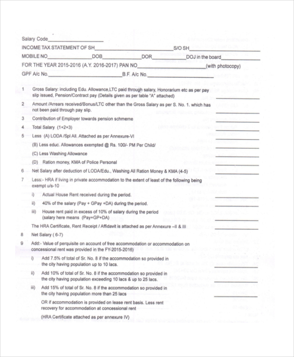 income tax statement form