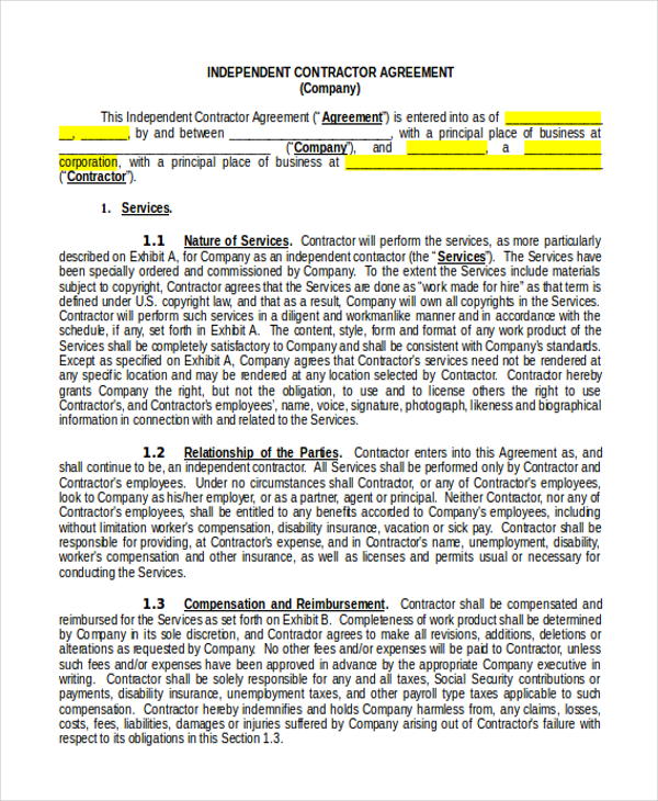 FREE 9+ Sample Independent Contractor Forms in MS Word PDF Excel