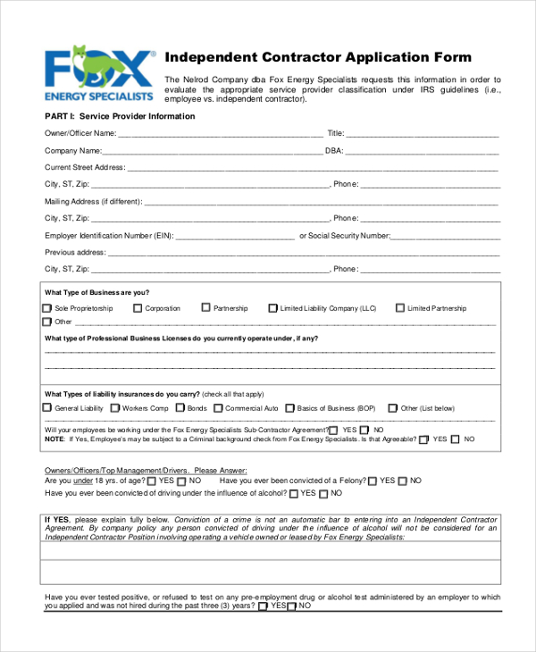 independent contractor application form