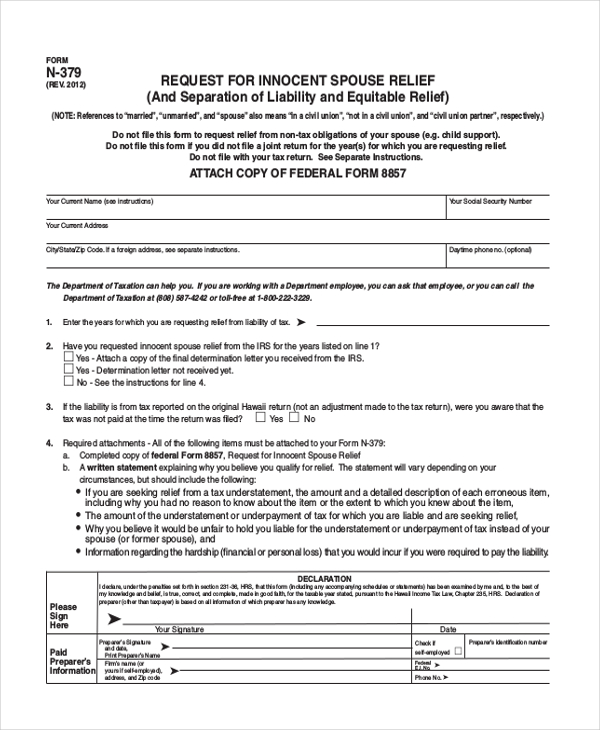 injured spouse relief form
