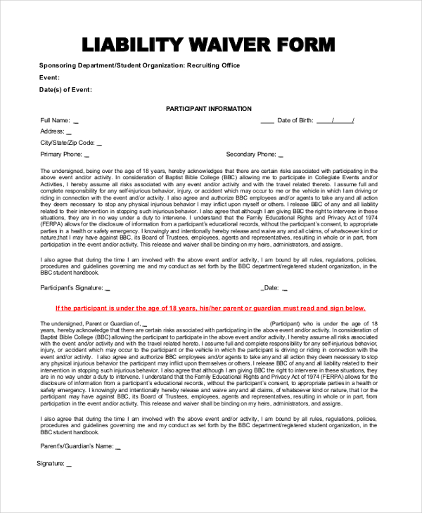 Free Printable Liability Waiver 8264