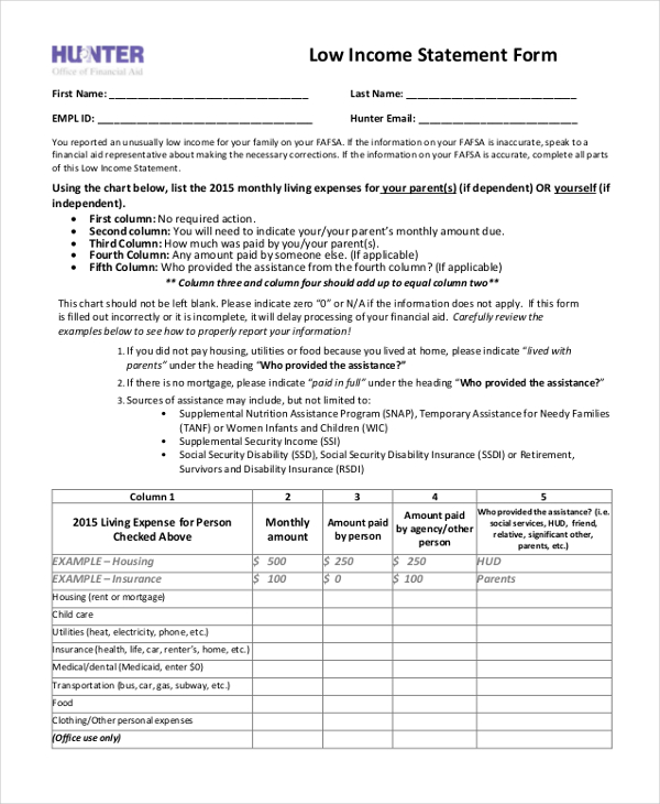 low income statement form