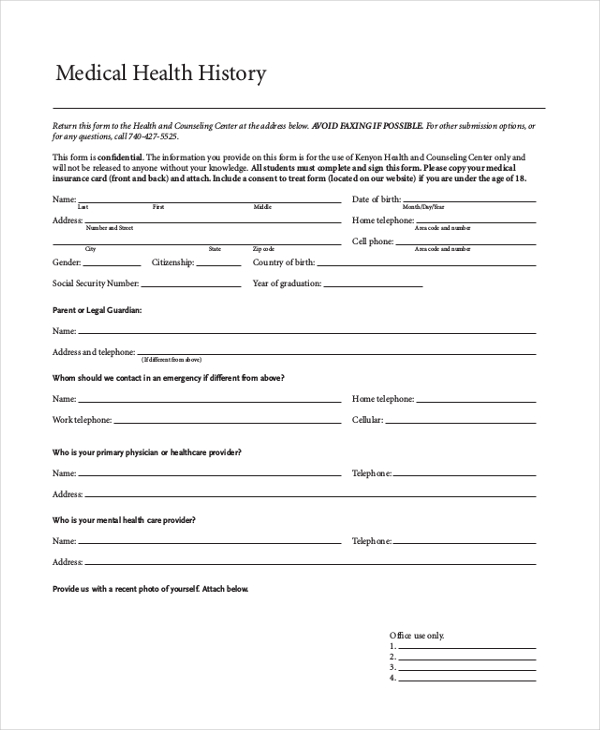 medical health history form