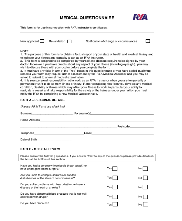 medical questionnaire form